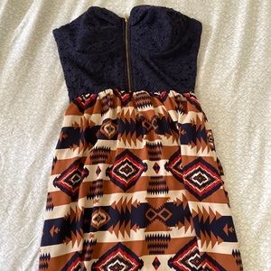 Navy Blue Tribal Print Strapless Dress